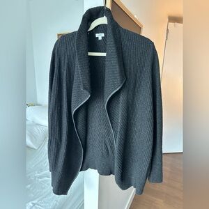 Vince Dark Gray Ribbed Cardigan with Leather Trim Pockets